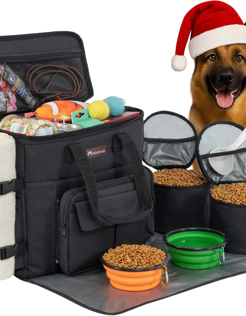 Load image into Gallery viewer, Dog Travel Bag with 2 Collapsible Dog Bowls, 1 Dog Backpack, Airline Approved Pet Travel Bag Organizer for Supplies &amp; Accessories, 2 Travel Dog Food Container, Black
